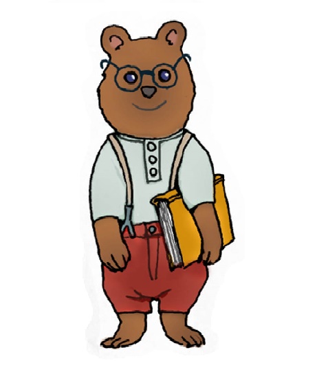 後ろ足でまっすぐ立つ眼鏡をかけたクマのキャラクターのイラスト。サスペンダー付きの服を着て左手に本を抱えている。